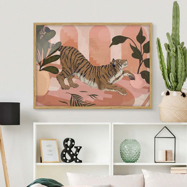Moderne Bilder mit Rahmen Illustration Tiger in Pastell Rosa Malerei