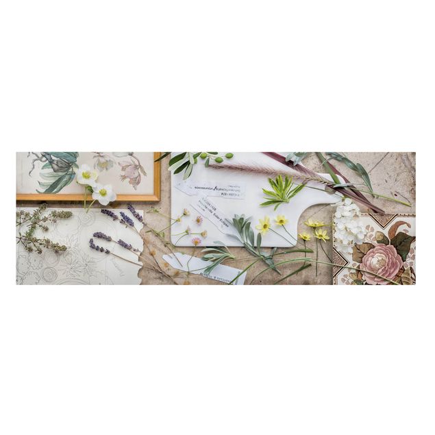 Leinwandbild - Blumen und Gartenkräuter Vintage - Panorama Quer