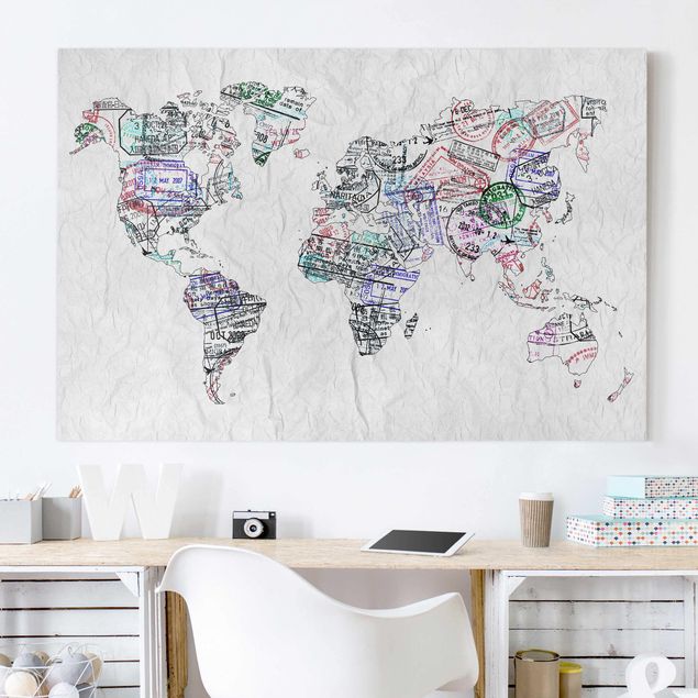 Leinwand mit Spruch Reisepass Stempel Weltkarte