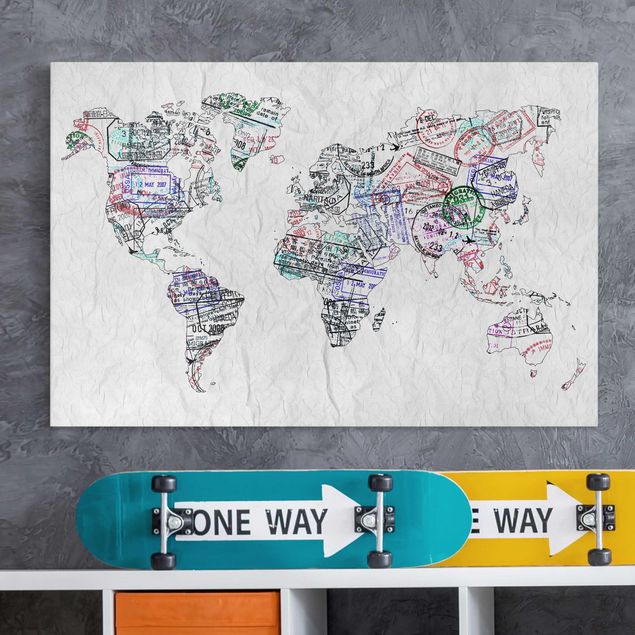 Leinwandbild Weltkarte Reisepass Stempel Weltkarte