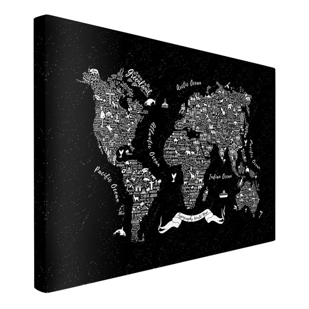 Leinwandbilder Typografie Weltkarte schwarz