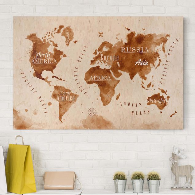 Wandbilder Weltkarte Aquarell beige braun