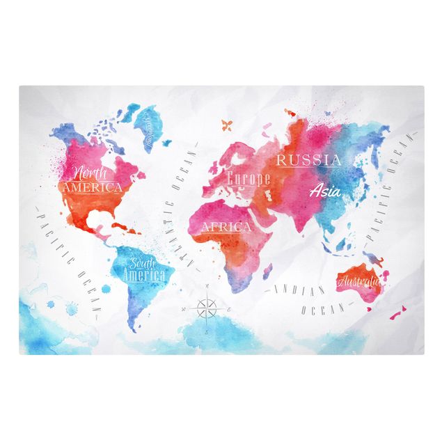Leinwandbild - Weltkarte Aquarell rot blau - Quer 3:2