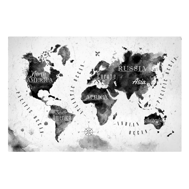 Leinwandbild - Weltkarte Aquarell schwarz - Quer 3:2