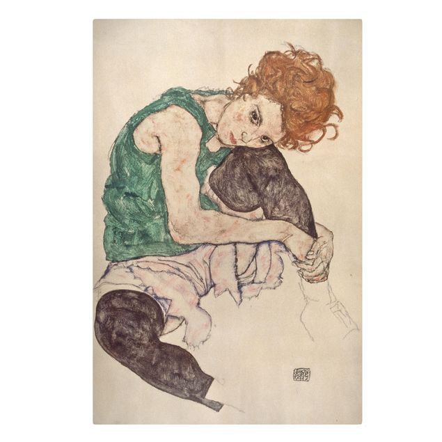 Leinwandbild - Egon Schiele - Sitzende Frau mit hochgezogenem Knie - Hochformat 3:2