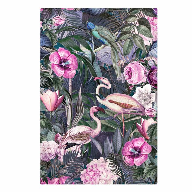 Leinwandbilder Bunte Collage - Pinke Flamingos im Dschungel