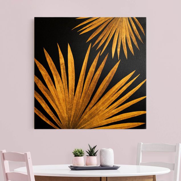 Blumenbilder auf Leinwand Gold - Palmenblatt auf Schwarz