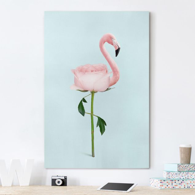 Leinwandbild Rose Flamingo mit Rose