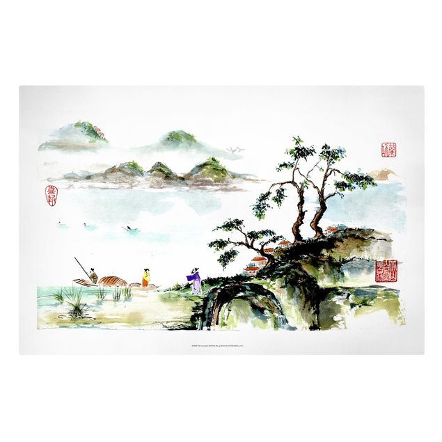 Leinwandbilder kaufen Japanische Aquarell Zeichnung See und Berge