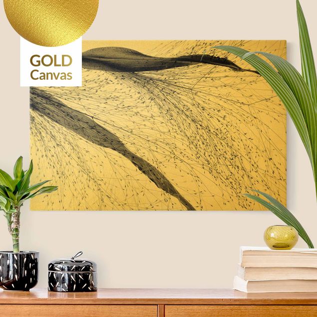 Leinwandbilder Gold Canvas Zartes Schilf mit feinen Knospen Schwarz-Weiß