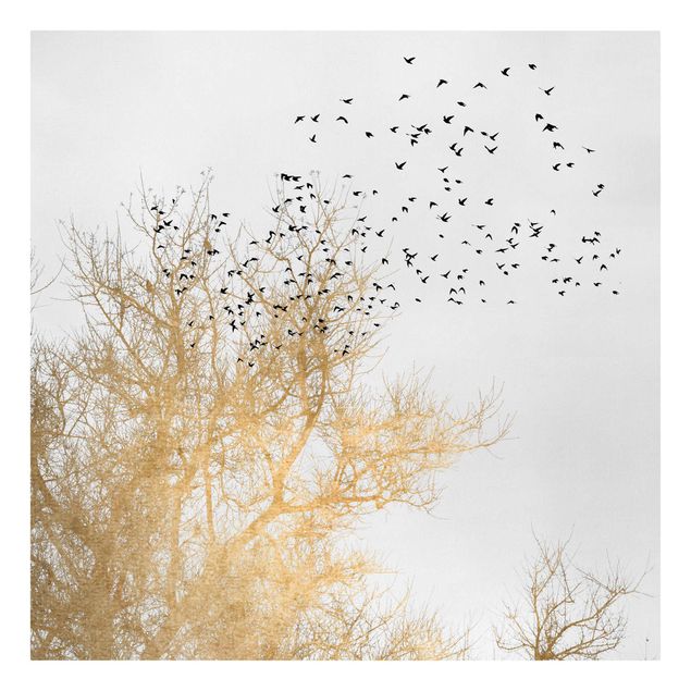 Kubistika Poster Vogelschwarm vor goldenem Baum