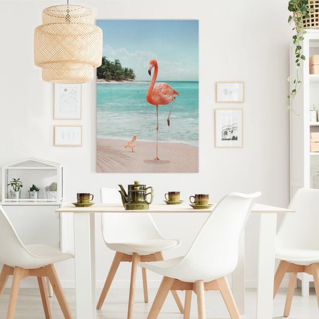 Natur Leinwand Strand mit Flamingo