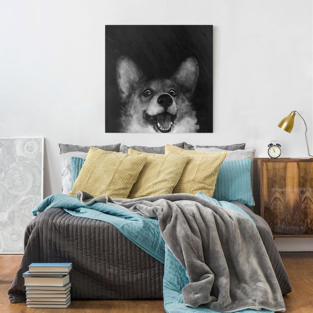 Tierbilder Leinwand Illustration Hund Corgi Malerei Schwarz Weiß