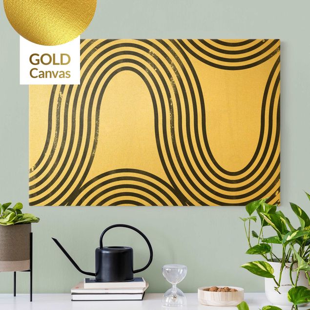 Leinwandbilder Gold Canvas Geometrische Wellen Schwarz Weiß I