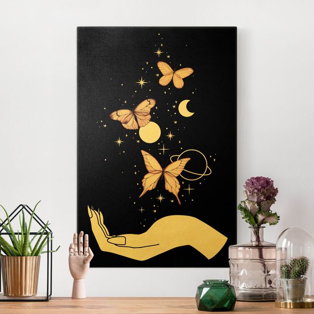 Leinwandbilder Gold Canvas Zaubernde Hand - Schmetterlinge Rosa