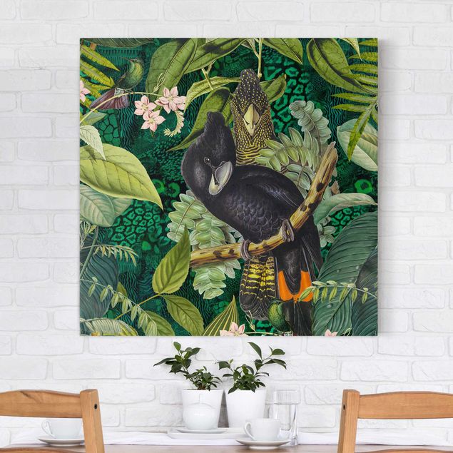 Leinwandbilder Vögel Bunte Collage - Kakadus im Dschungel