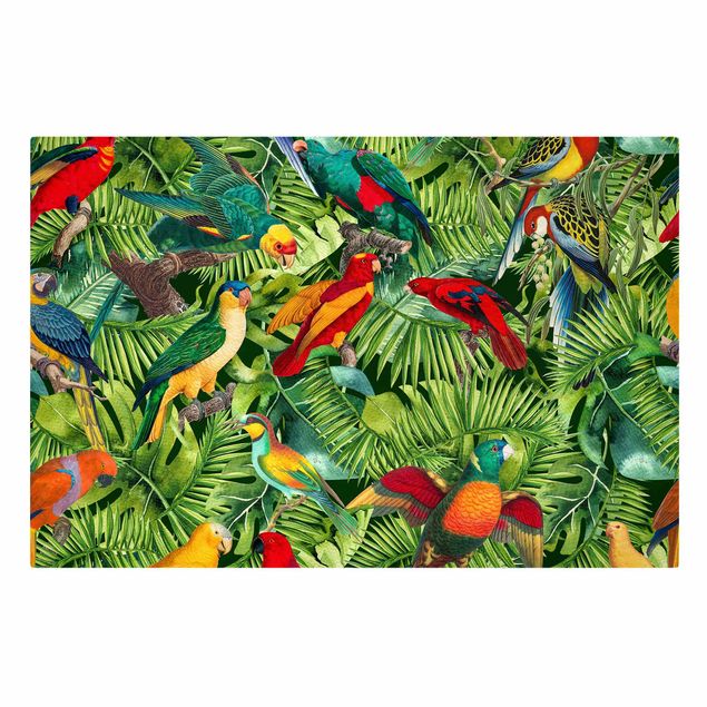schöne Leinwandbilder Bunte Collage - Papageien im Dschungel