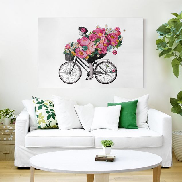 Leinwandbilder Blumen Illustration Frau auf Fahrrad Collage bunte Blumen