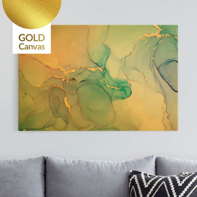 Leinwand Gold Aquarell Pastell Türkis mit Gold