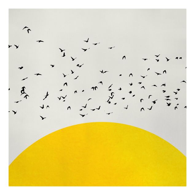 Kubistika Poster Vogelschwarm vor gelber Sonne