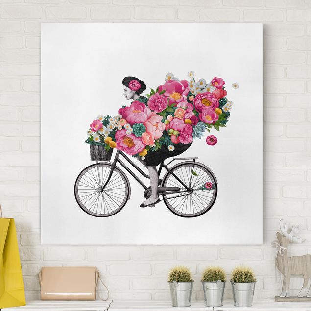 Blumenbilder auf Leinwand Illustration Frau auf Fahrrad Collage bunte Blumen