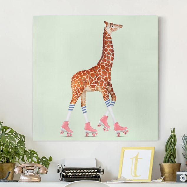 moderne Bilder auf Leinwand Giraffe mit Rollschuhen