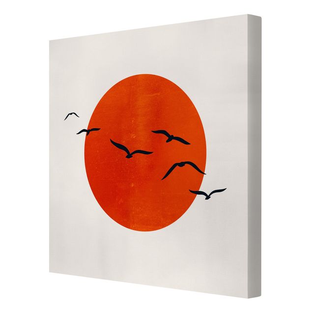 Wandbilder Vogelschwarm vor roter Sonne I