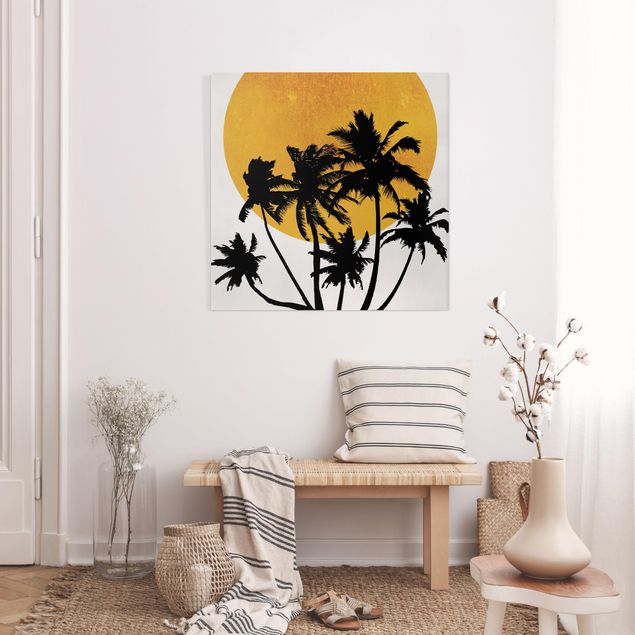 Leinwandbilder Blumen Palmen vor goldener Sonne