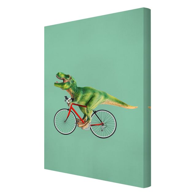 Leinwandbild - Jonas Loose - Dinosaurier mit Fahrrad - Hochformat 3:2