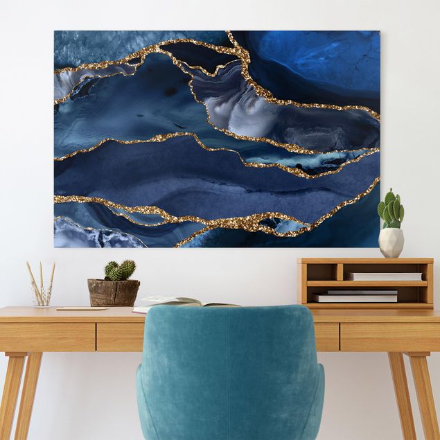 Leinwandbilder abstrakt Goldene Glitzer Wellen vor Blau