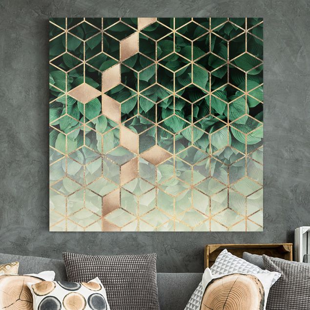 Leinwandbilder abstrakt Grüne Blätter goldene Geometrie