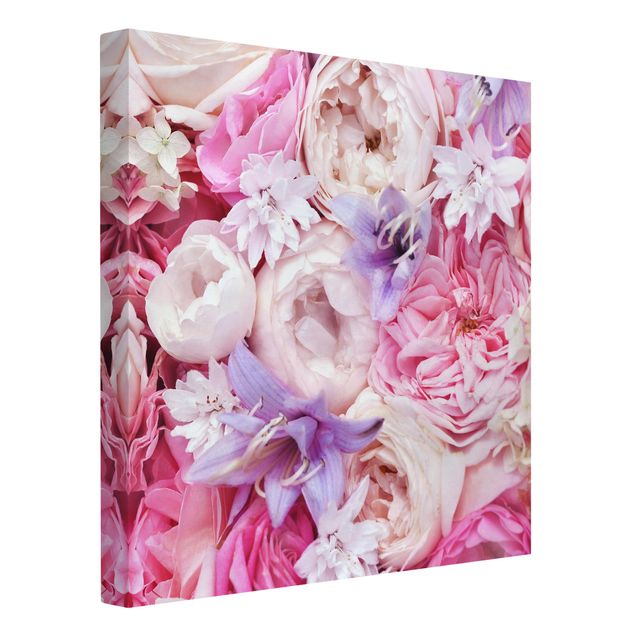 Leinwandbilder Shabby Rosen mit Glockenblumen