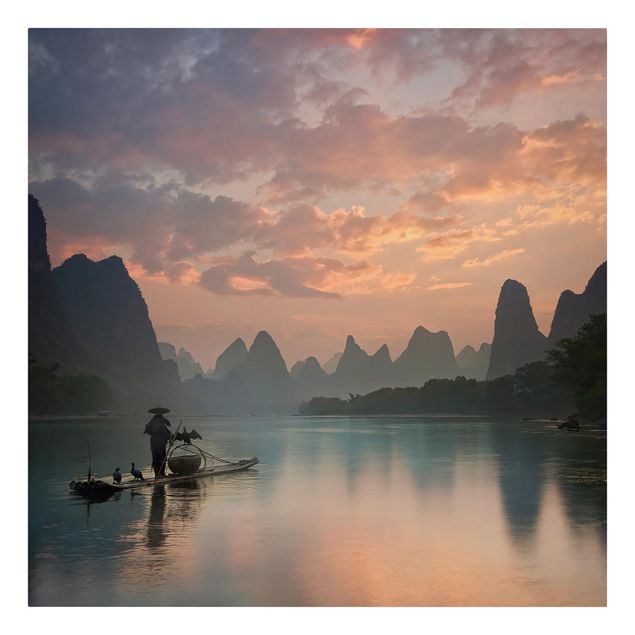 Leinwandbild - Sonnenaufgang über chinesischem Fluss - Quadrat 1:1