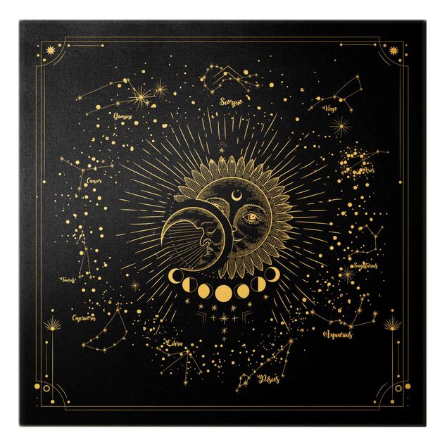 Leinwandbild Gold - Astrologie Sonne Mond und Sterne Schwarz - Quadrat
