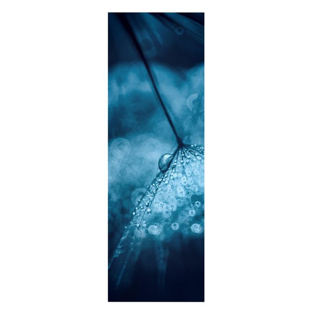 Leinwandbild - Blaue Pusteblume im Regen - Panorama Hochformat 3:1