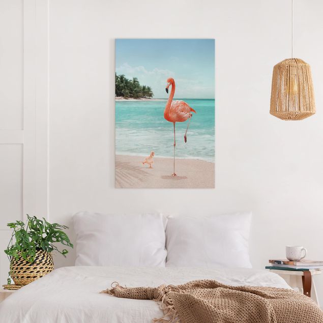 moderne Leinwandbilder Strand mit Flamingo