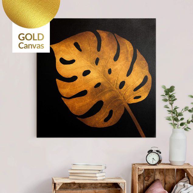 Leinwandbilder Gold Gold - Monstera auf Schwarz