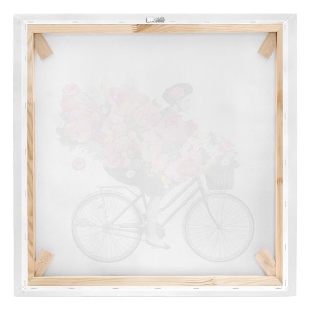 Leinwandbild - Illustration Frau auf Fahrrad Collage bunte Blumen - Quadrat 1:1