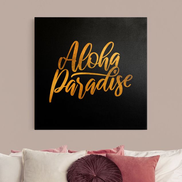 Leinwandbild mit Spruch Gold - Aloha Paradise auf Schwarz