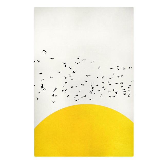 Kubistika Bilder Vogelschwarm vor gelber Sonne