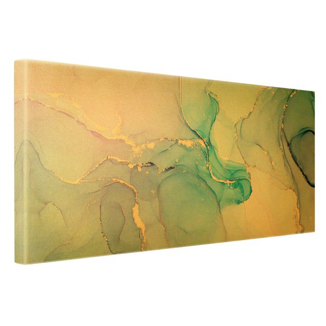 Leinwandbild Gold - Aquarell Pastell Türkis mit Gold - Querformat 2:1
