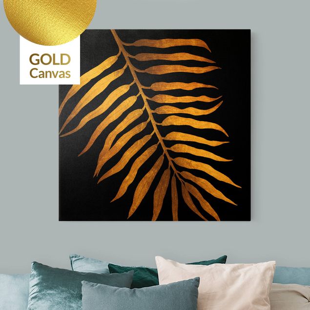 Leinwandbilder Gold Gold - Palmenblatt II auf Schwarz