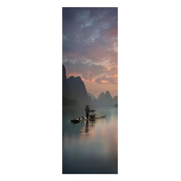 Leinwandbild - Sonnenaufgang über chinesischem Fluss - Panorama Hochformat 3:1