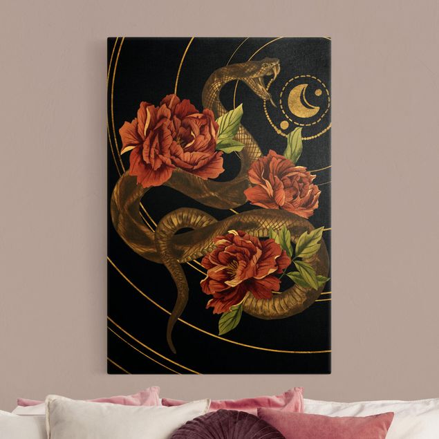 Leinwandbild Rose Schlange mit Rosen Schwarz und Gold II