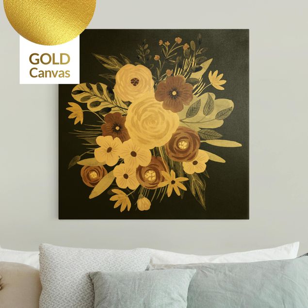 Leinwandbilder Gold Canvas Pastell Blumenbouquet vor Grün I