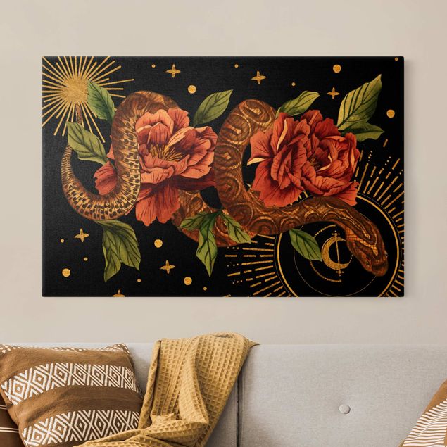 Leinwandbild Rose Schlangen mit Rosen vor Schwarz und Gold II