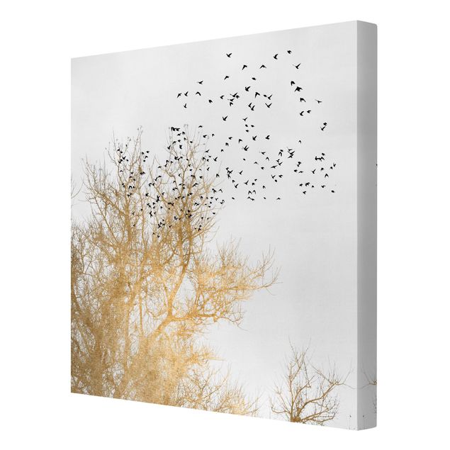 Wandbilder Vogelschwarm vor goldenem Baum