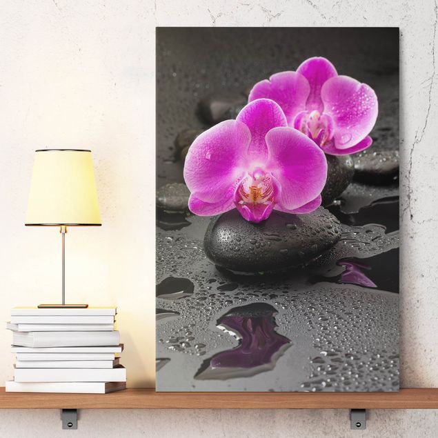 Leinwandbild Orchidee Pinke Orchideenblüten auf Steinen mit Tropfen