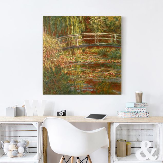 Leinwandbild Wald Claude Monet - Seerosenteich und japanische Brücke (Harmonie in rosa)