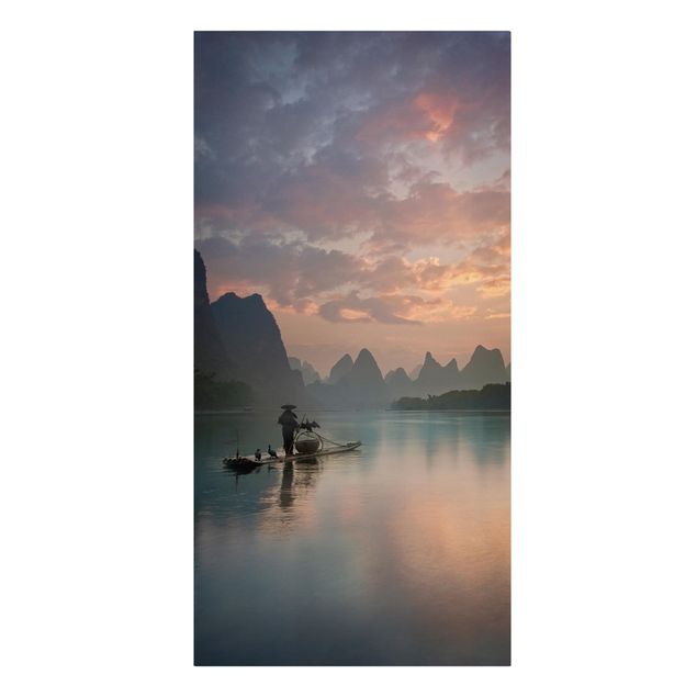 Leinwandbild - Sonnenaufgang über chinesischem Fluss - Hochformat 2:1